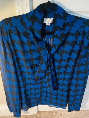 Tahari Cobalt Blue Black Houndstooth Sheer Blouse with Tie Neck Top